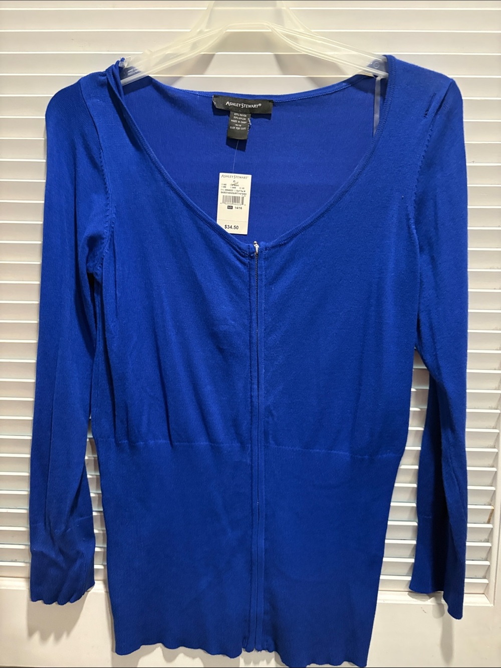 Ashley Stewart Royal Blue Zip-Front Long Sleeve Cardigan